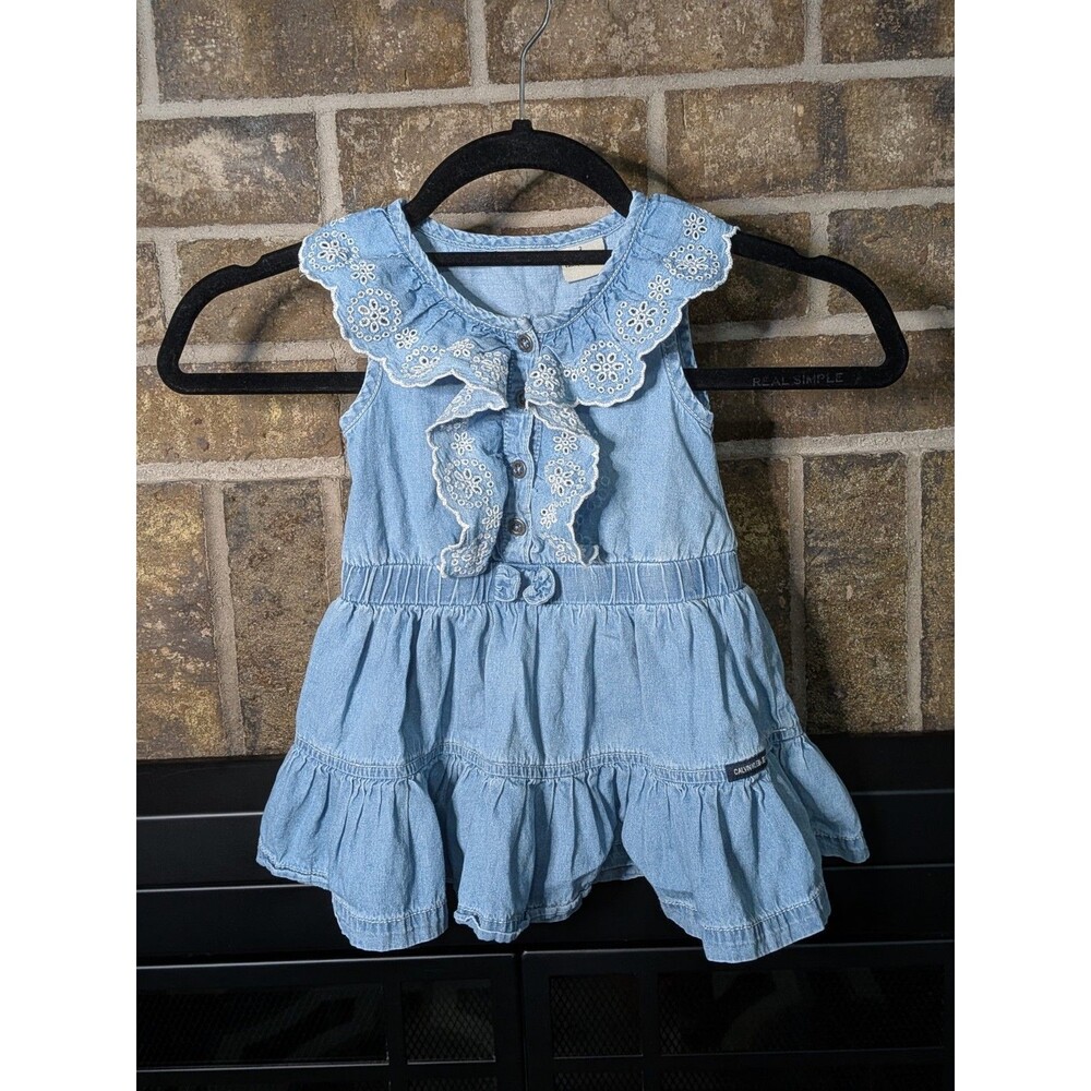 Calvin Klein Jeans Toddler Girl Dress 2T Denim Embroidered Lace Collar Tiered